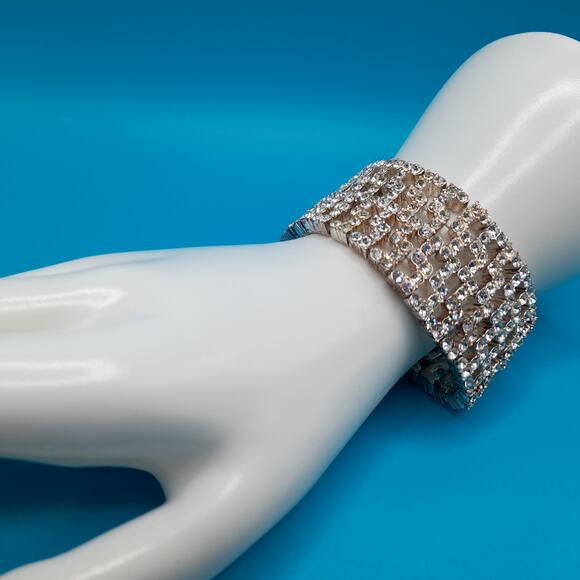 Vintage Monet Stretch Bracelet, Clear Rhinestones, Wide Bracelet - Picture 9 of 9